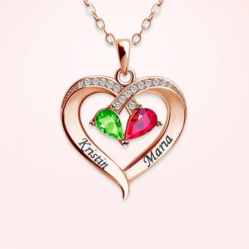 Collier Nous deux couleur or rose, gravé de deux prénoms avec deux pierres de naissance au centre