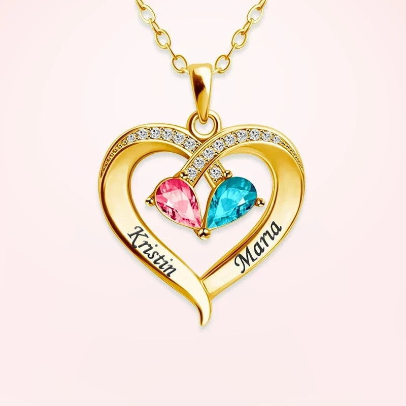 Collier Nous deux couleur or : pendentif cœur gravé de deux prénoms, avec deux pierres de naissance au centre