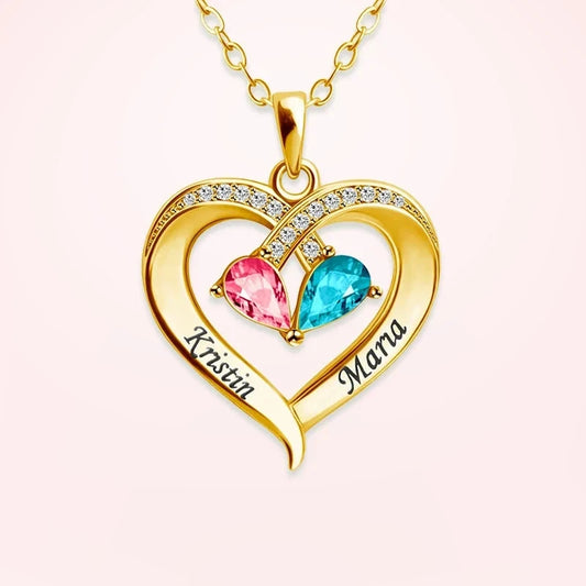 Collier Nous deux couleur or : pendentif cœur gravé de deux prénoms, avec deux pierres de naissance au centre