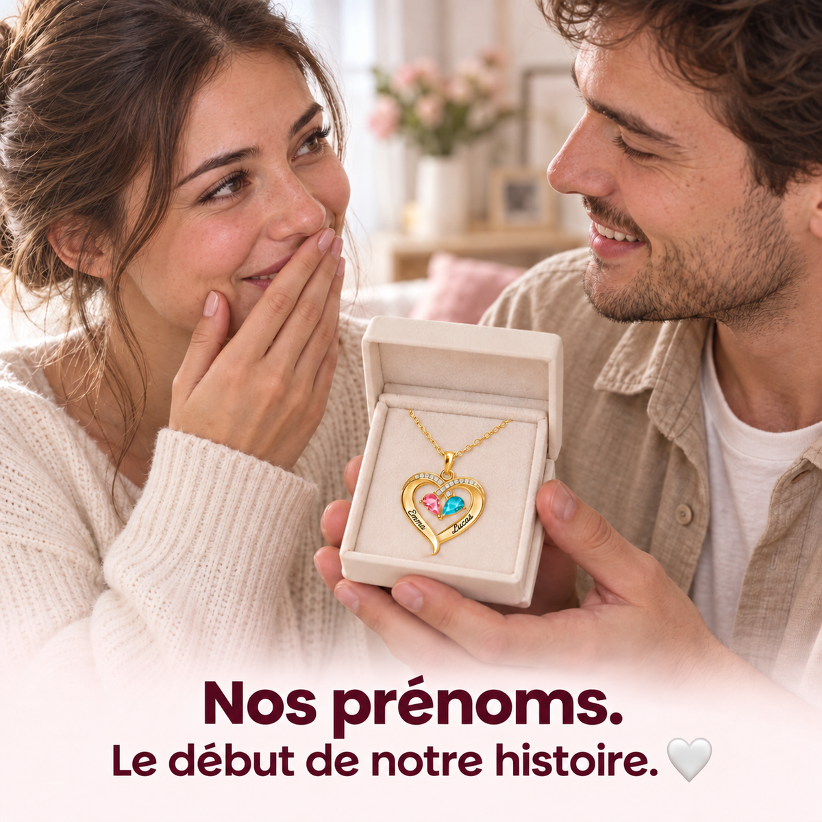 Collier Cœur 2 Prénoms Personnalisés avec Pierres de Naissance