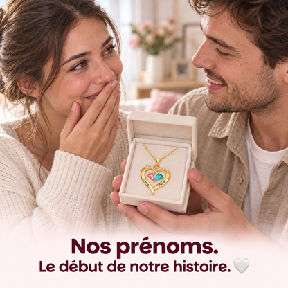 Collier Cœur 2 Prénoms Personnalisés avec Pierres de Naissance