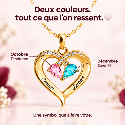 Collier Cœur 2 Prénoms Personnalisés avec Pierres de Naissance