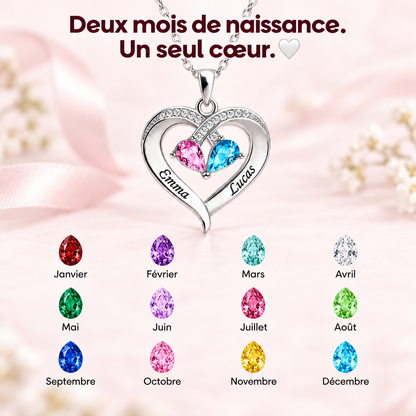 Collier Cœur 2 Prénoms Personnalisés avec Pierres de Naissance