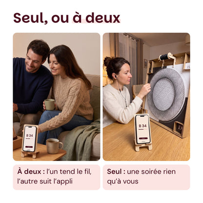 Seul ou à deux : un couple sur le canapé avec l'appli, une femme seule qui tend le fil sur sa planche. Image générée par IA.