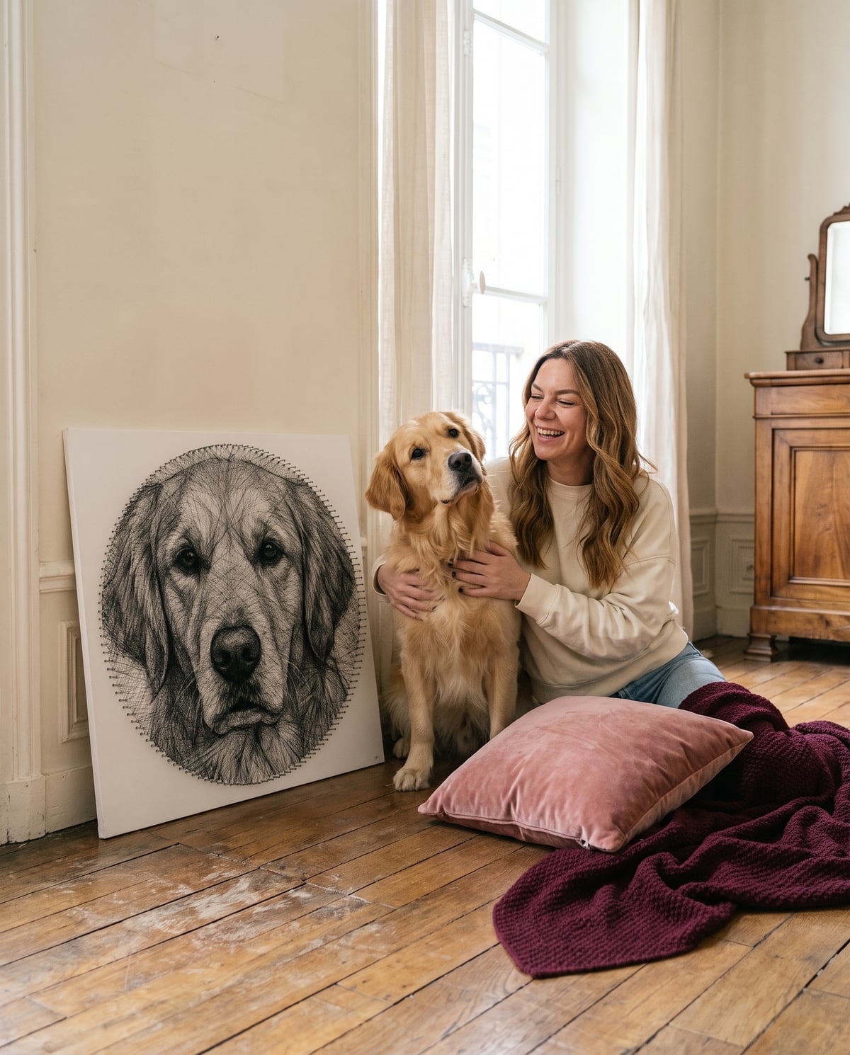 Une femme et son golden retriever, assis par terre devant le portrait en fil du chien. Image générée par IA.