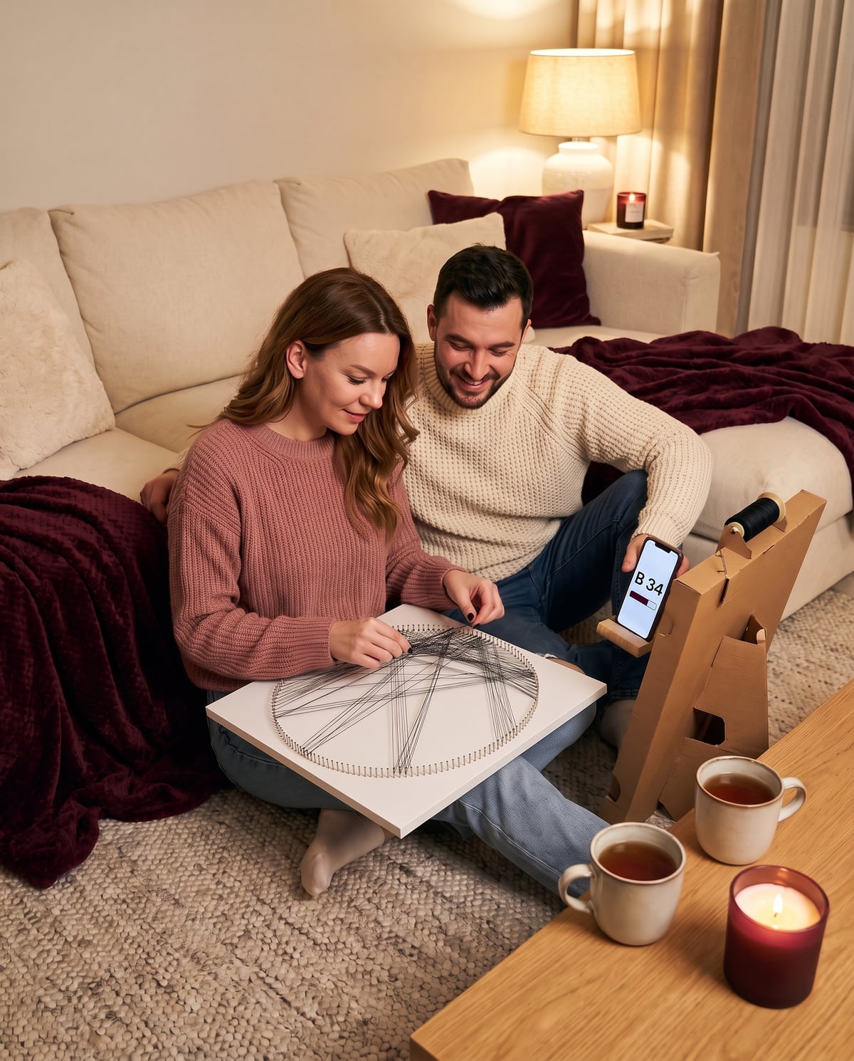 Un couple assis sur le tapis tisse un portrait ensemble : elle tend le fil, il suit l'appli sur le téléphone. Image générée par IA.