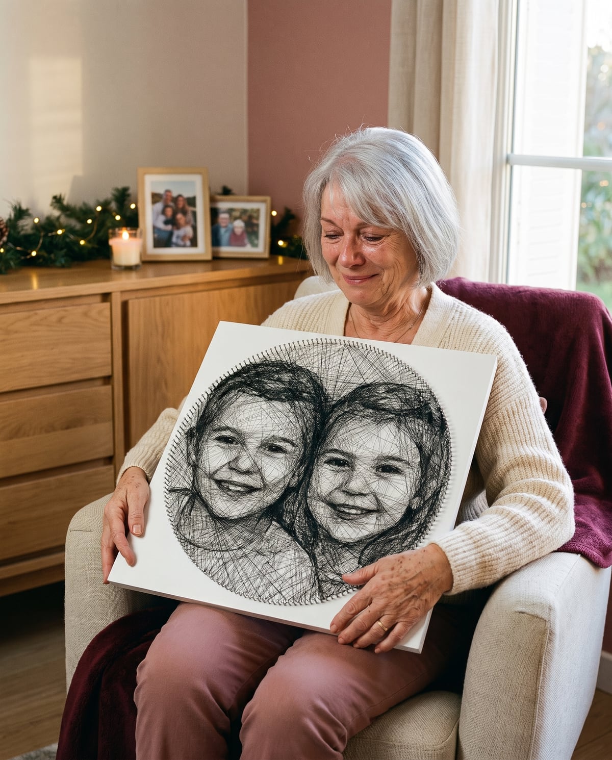 Une grand-mère émue tient sur ses genoux le portrait en fil de ses deux petits-enfants. Image générée par IA.