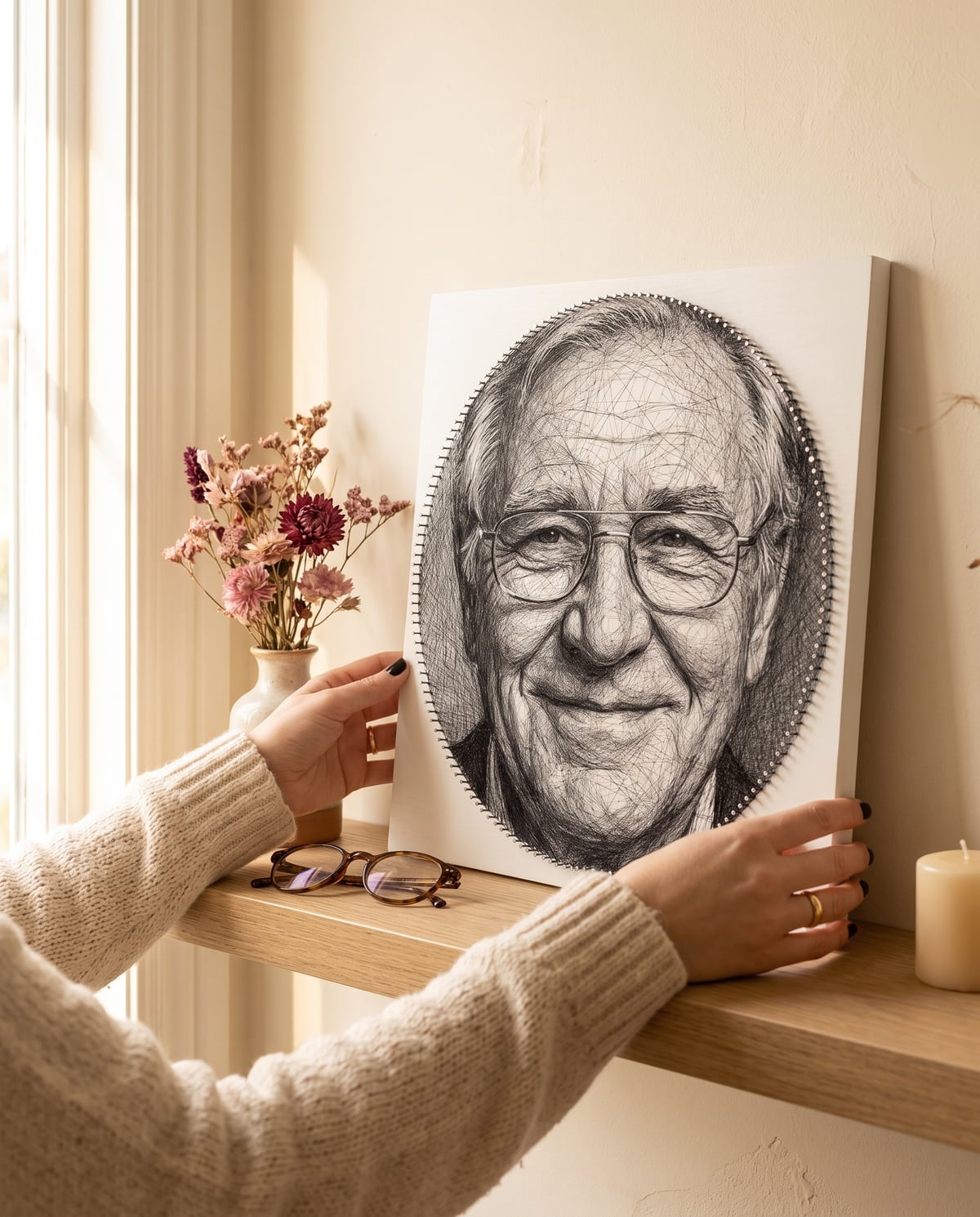 Des mains posent sur une étagère le portrait en fil d'un homme souriant, à côté de fleurs séchées et d'une paire de lunettes. Image générée par IA.