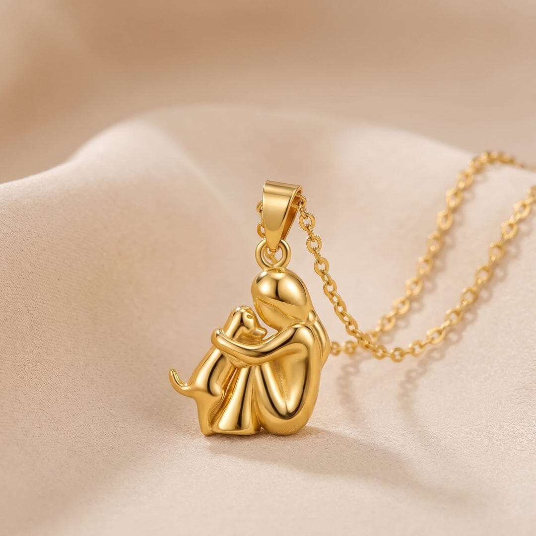 Collier Câlin éternel, femme et chien, tout doré