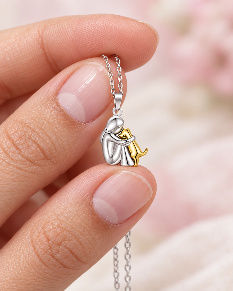 Le pendentif tenu entre deux doigts, pour voir sa vraie taille
